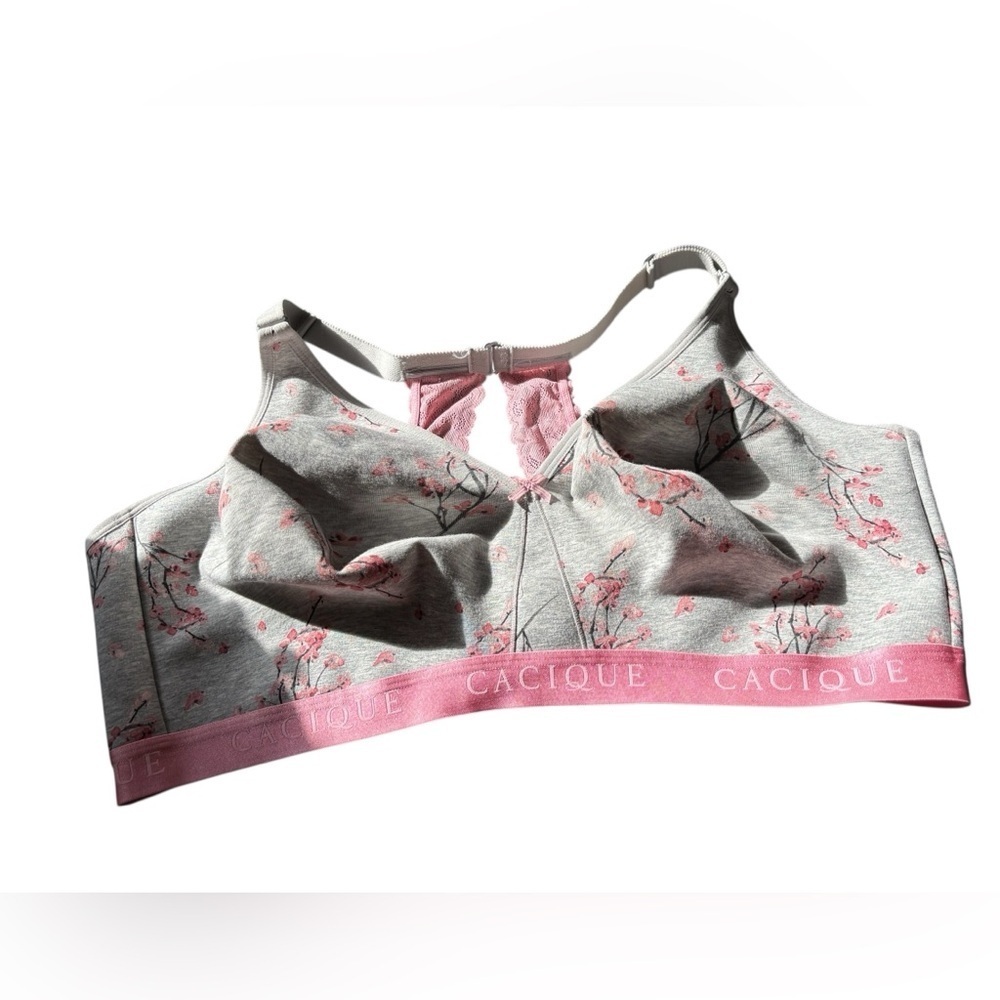 Cacique Unlined Full Coverage Bra No Wire Sz 48DDD Pink Gray Floral Lace Back